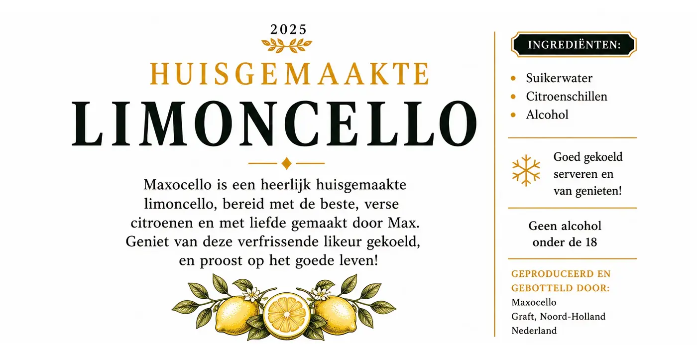 Het achteretiket van Maxocello met de ingrediënten suikerwater, citroenschillen en alcohol, en de herkomst Graft, Noord-Holland